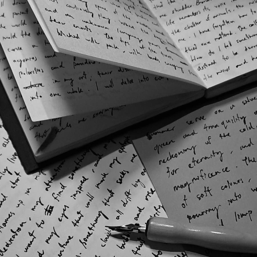 Cadernos manuscritos abertos e caneta de aparo sobre páginas de escrita à mão — fotografia a preto e branco